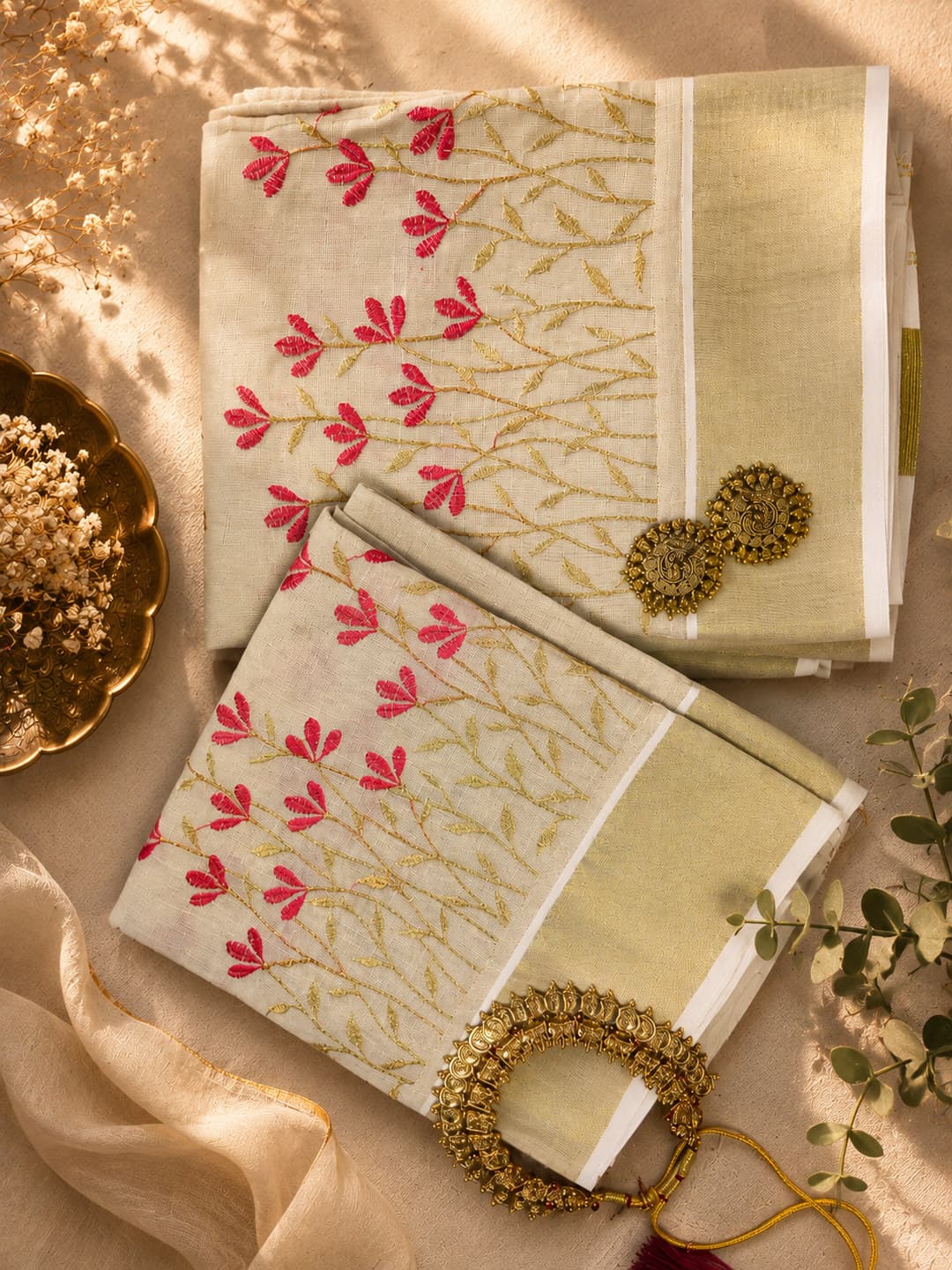 Floral Embroidered Tissue Cotton Kasavu Set Mundu