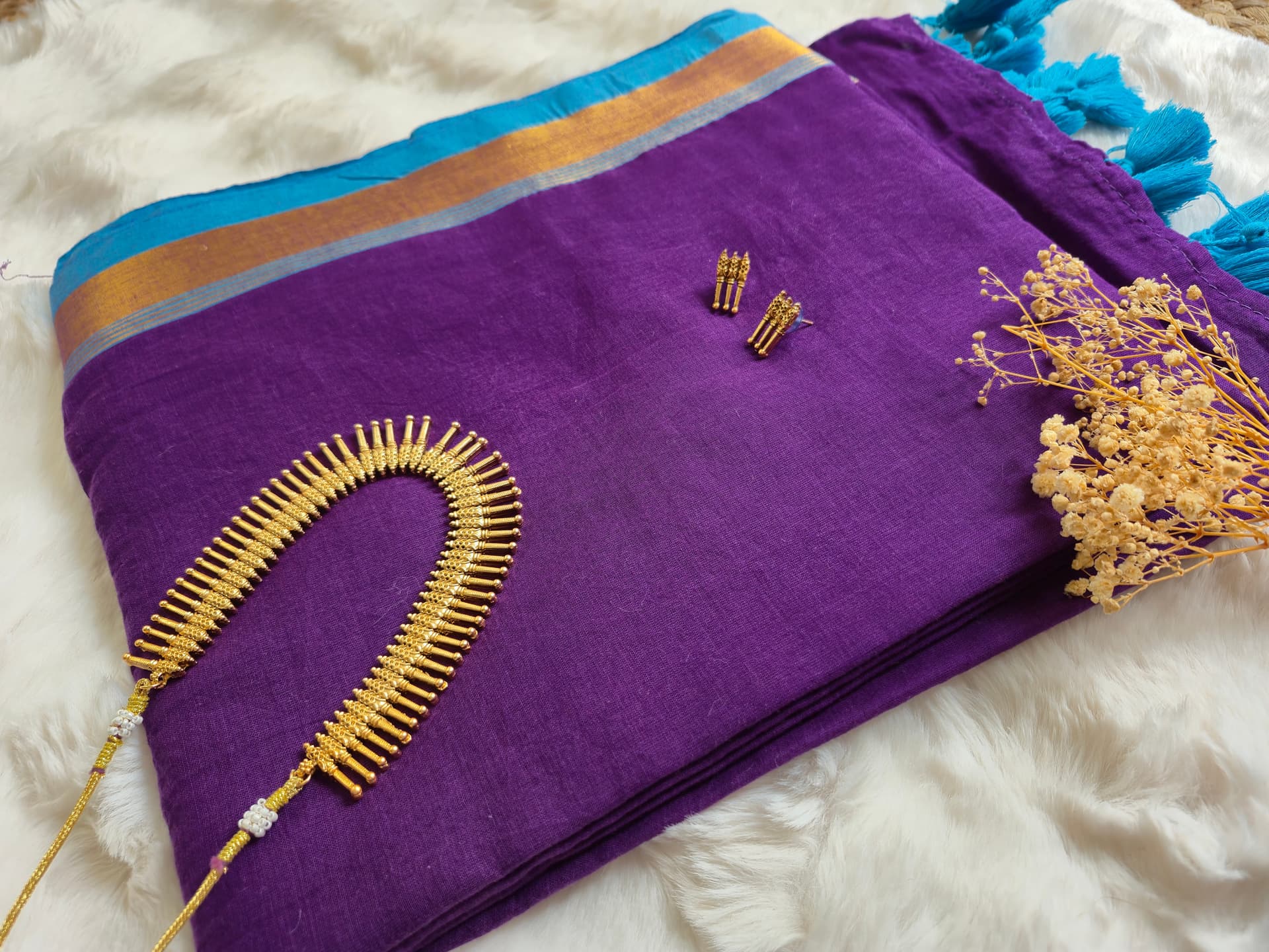 Violet Mul Cotton Saree with Blue and Pure Zari Border