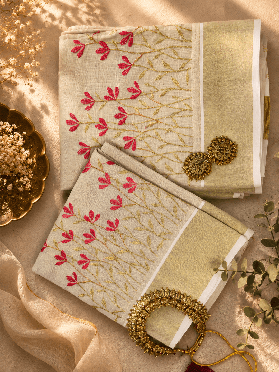 Floral Embroidered Tissue Cotton Kasavu Set Mundu