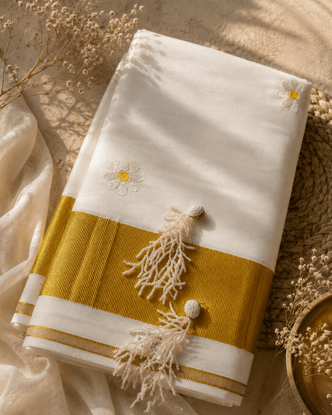 Floral Embroidered Handloom Cotton Kasavu Saree